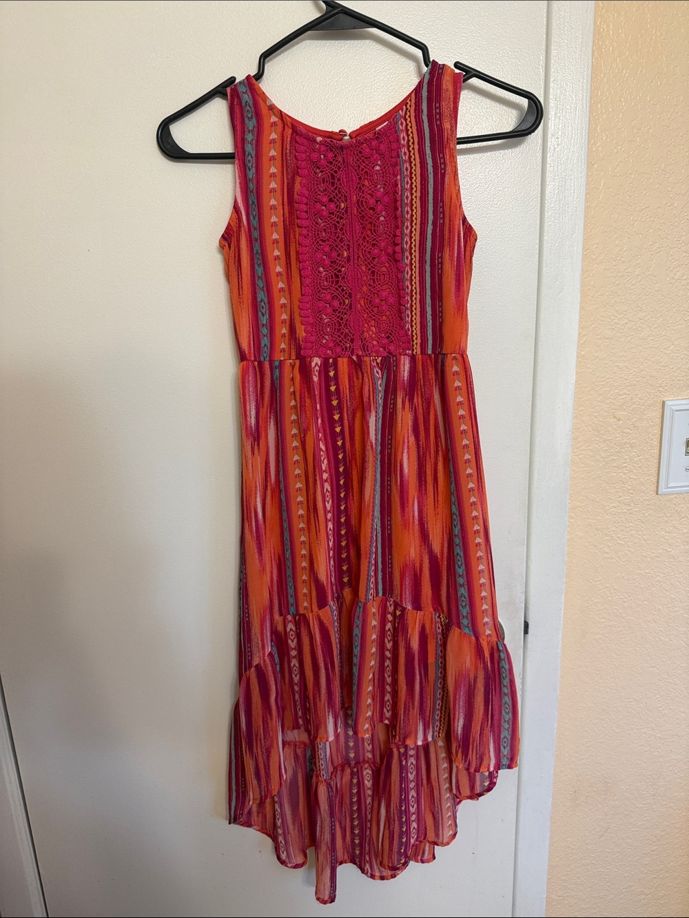 Xhilaration Pink & Orange Striped Crochet High-Low Dress